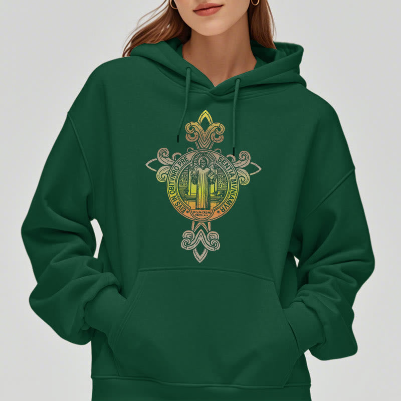 Christianartworkshop Farbiger Stil St. Benedikt Emblem Scrollwork Fleece gefüttert Polyester Hoodie