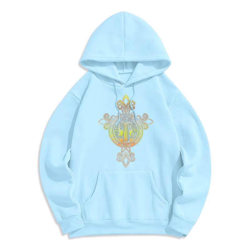 Christianartworkshop Farbiger Stil St. Benedikt Emblem Scrollwork Fleece gefüttert Polyester Hoodie