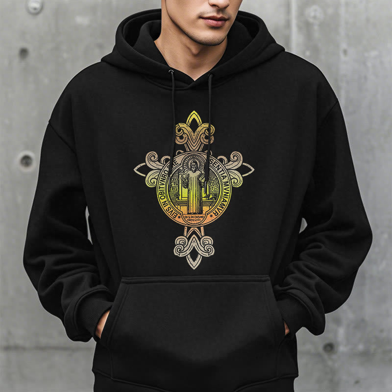 Christianartworkshop Farbiger Stil St. Benedikt Emblem Scrollwork Fleece gefüttert Polyester Hoodie