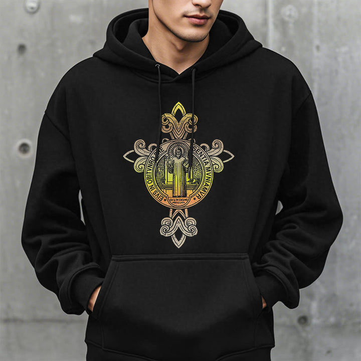 Christianartworkshop Farbiger Stil St. Benedikt Emblem Scrollwork Fleece gefüttert Polyester Hoodie