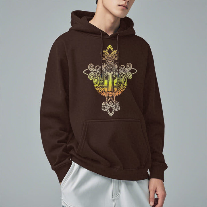 Christianartworkshop Farbiger Stil St. Benedikt Emblem Scrollwork Fleece gefüttert Polyester Hoodie