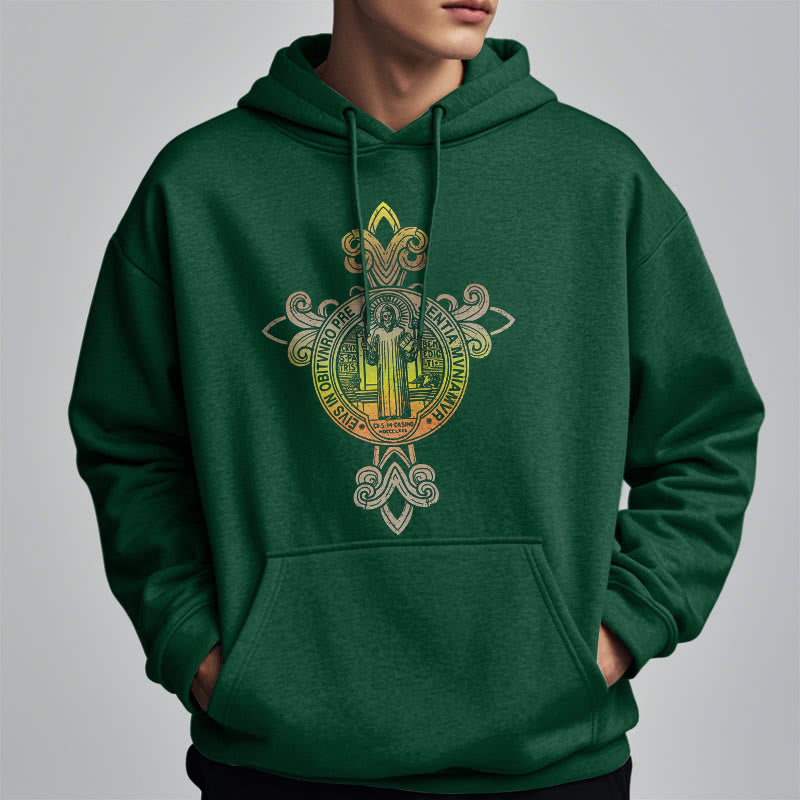 Christianartworkshop Farbiger Stil St. Benedikt Emblem Scrollwork Fleece gefüttert Polyester Hoodie