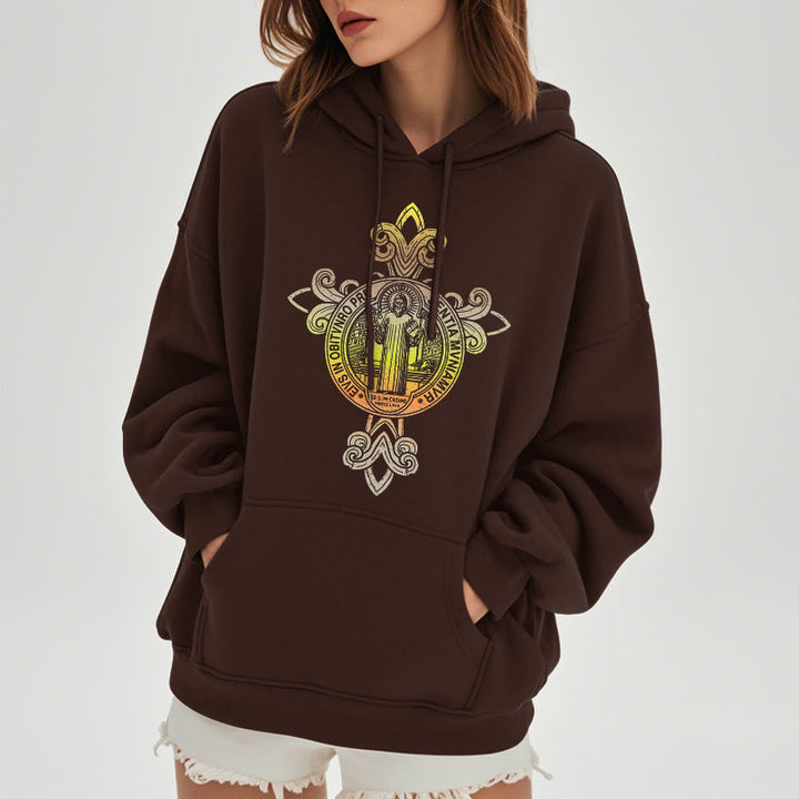 Christianartworkshop Farbiger Stil St. Benedikt Emblem Scrollwork Fleece gefüttert Polyester Hoodie