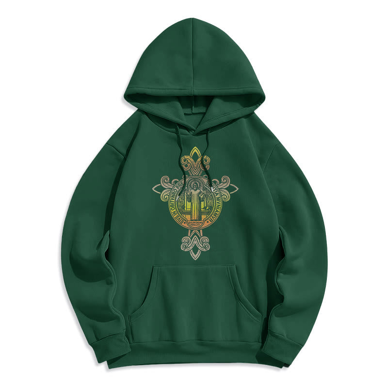 Christianartworkshop Farbiger Stil St. Benedikt Emblem Scrollwork Fleece gefüttert Polyester Hoodie