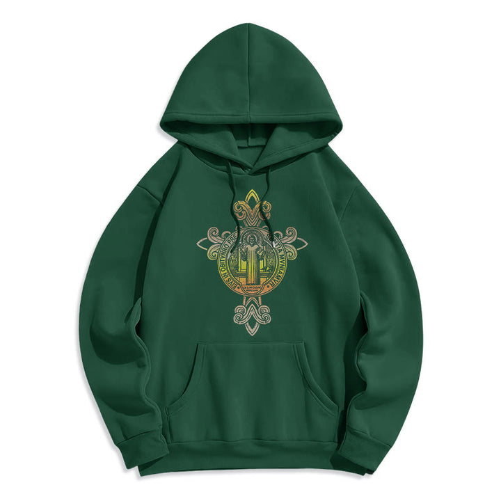 Christianartworkshop Farbiger Stil St. Benedikt Emblem Scrollwork Fleece gefüttert Polyester Hoodie