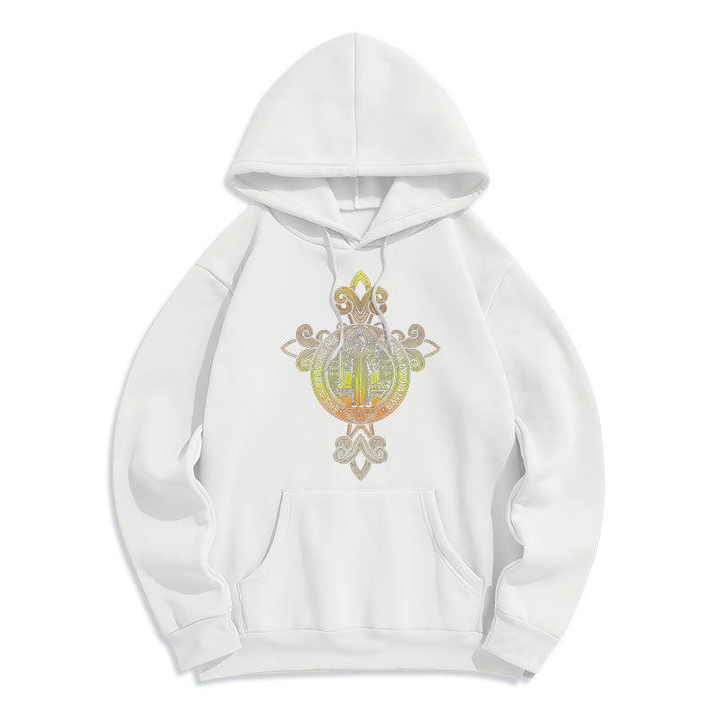 Christianartworkshop Farbiger Stil St. Benedikt Emblem Scrollwork Fleece gefüttert Polyester Hoodie
