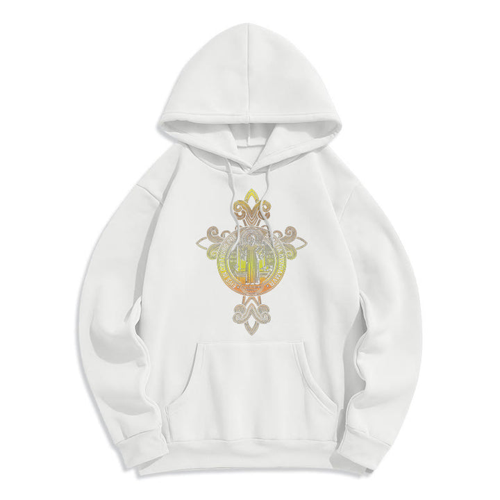 Christianartworkshop Farbiger Stil St. Benedikt Emblem Scrollwork Fleece gefüttert Polyester Hoodie