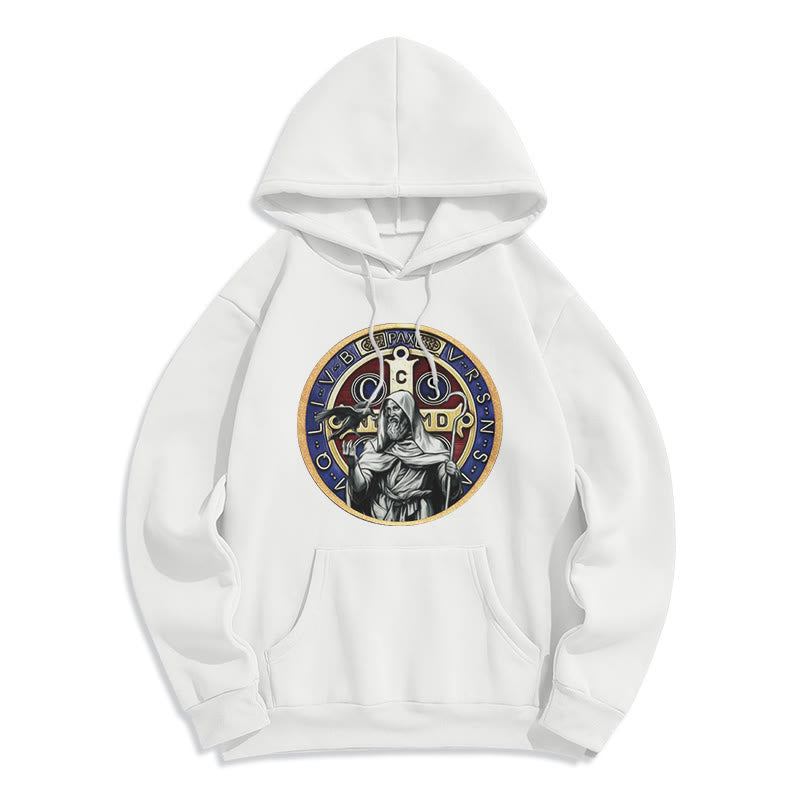 Christianartworkshop Klassischer farbiger Hoodie mit St.-Benedikt-Motiv, gefüttert mit Polyester, Fleece-Futter - Weiß - 2XL - image 5