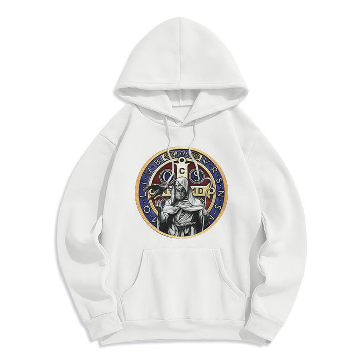 Christianartworkshop Klassischer farbiger Hoodie mit St.-Benedikt-Motiv, gefüttert mit Polyester, Fleece-Futter - Weiß - 2XL - image 5