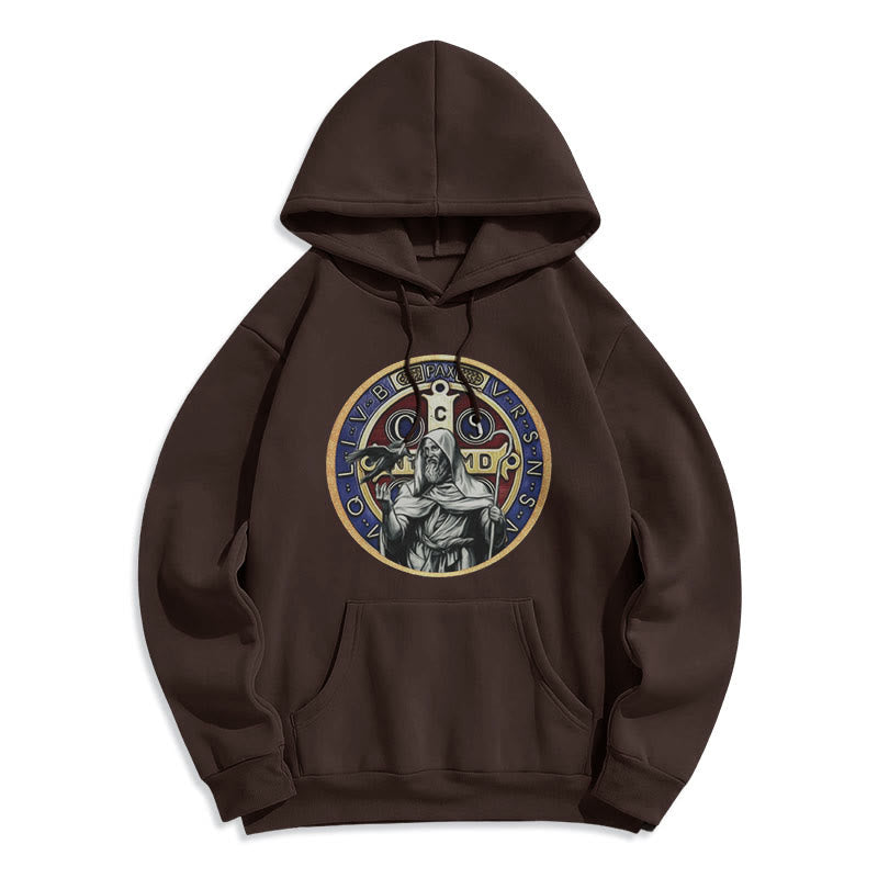 Christianartworkshop Klassischer farbiger Stil St. Benedikt Figur Emblem Fleece gefüttert Polyester Hoodie