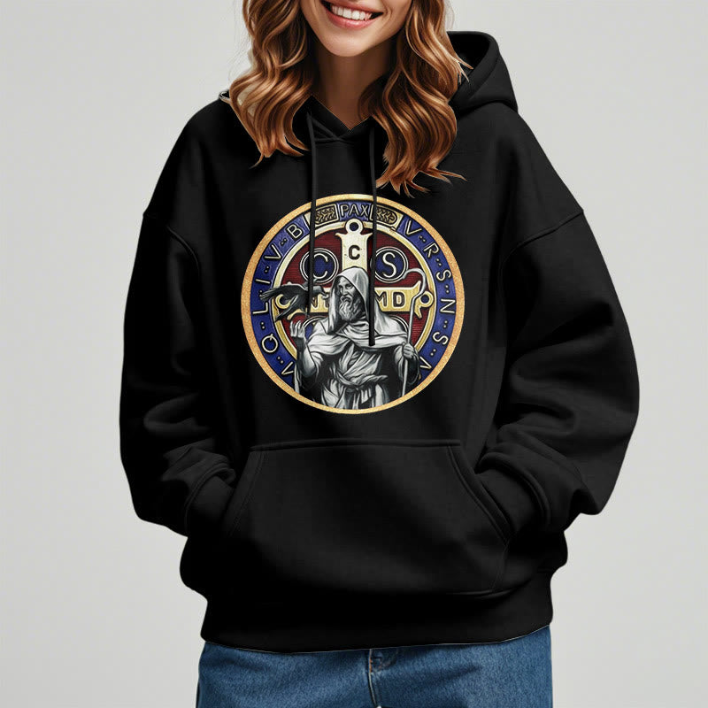 Christianartworkshop Klassischer farbiger Stil St. Benedikt Figur Emblem Fleece gefüttert Polyester Hoodie