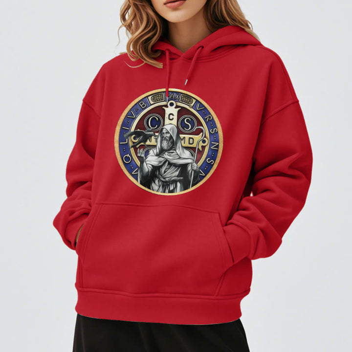 Christianartworkshop Klassischer farbiger Stil St. Benedikt Figur Emblem Fleece gefüttert Polyester Hoodie