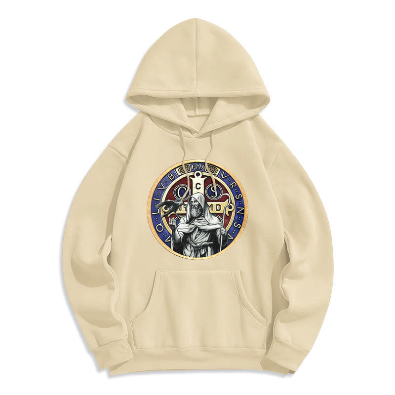 Christianartworkshop Klassischer farbiger Stil St. Benedikt Figur Emblem Fleece gefüttert Polyester Hoodie