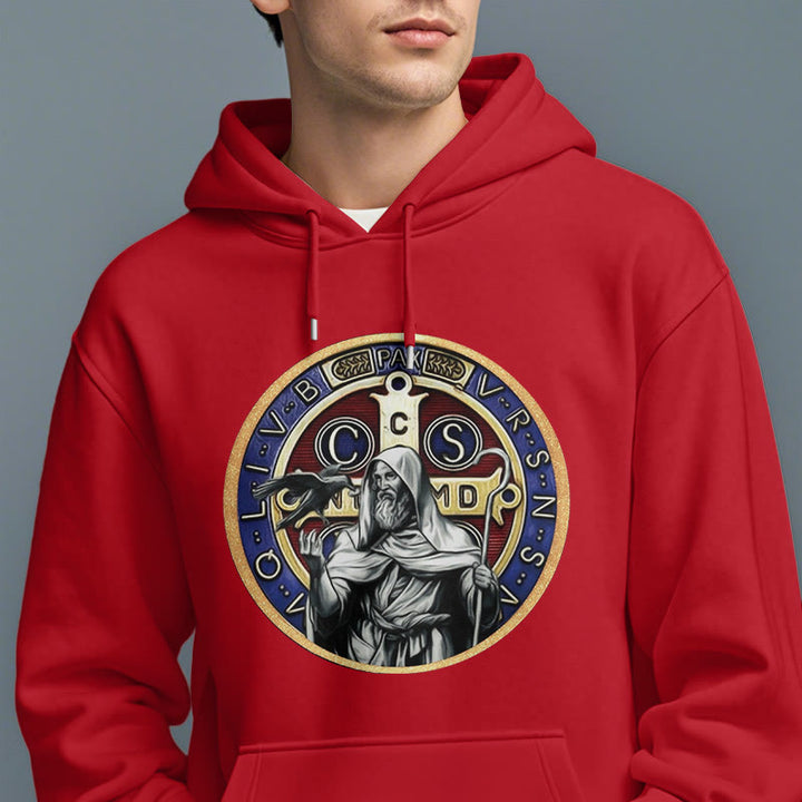 Christianartworkshop Klassischer farbiger Stil St. Benedikt Figur Emblem Fleece gefüttert Polyester Hoodie