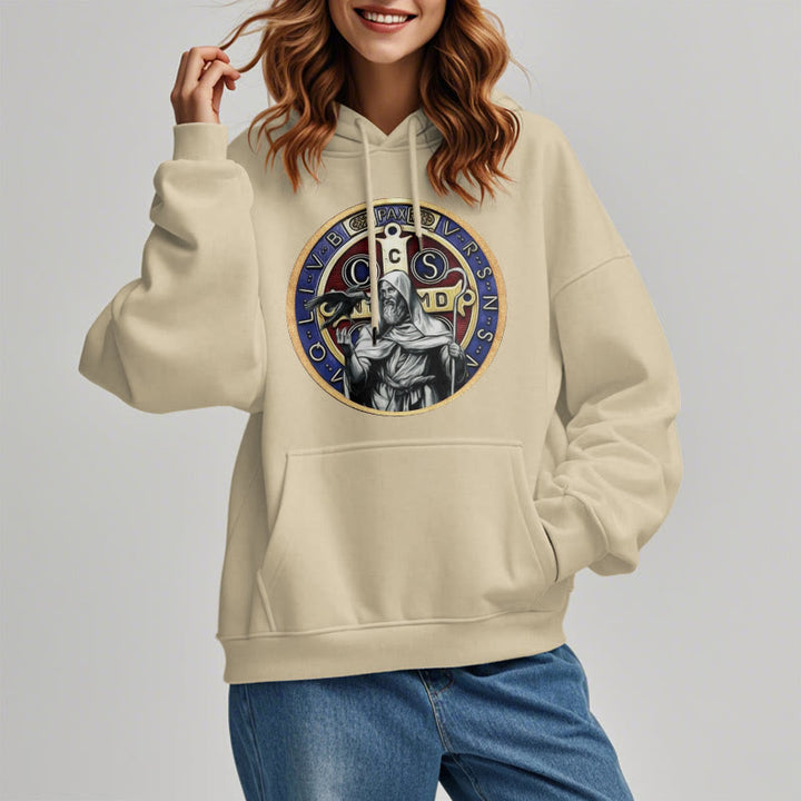 Christianartworkshop Klassischer farbiger Stil St. Benedikt Figur Emblem Fleece gefüttert Polyester Hoodie