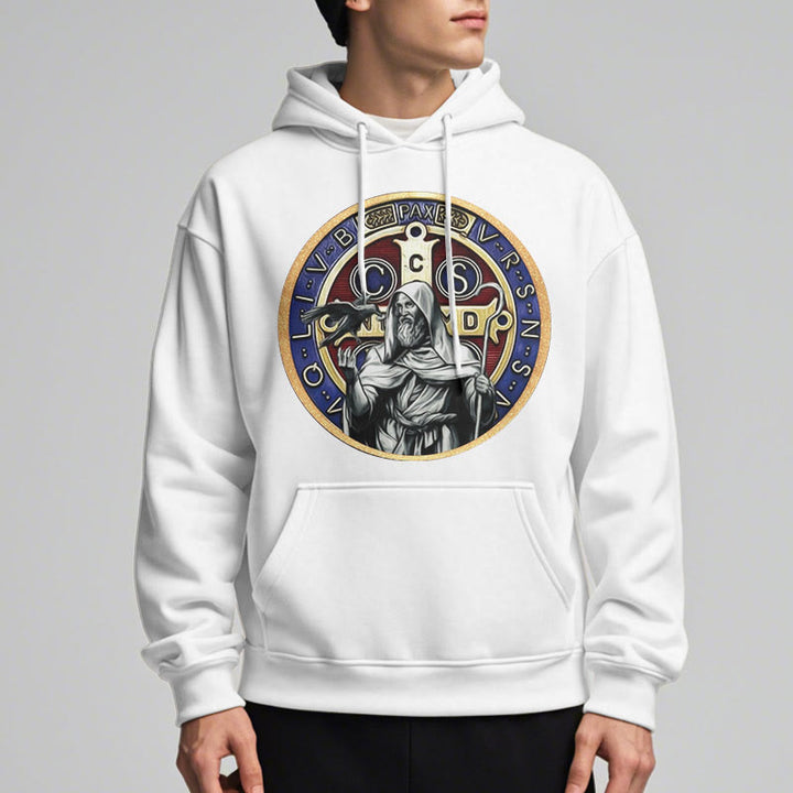 Christianartworkshop Klassischer farbiger Stil St. Benedikt Figur Emblem Fleece gefüttert Polyester Hoodie