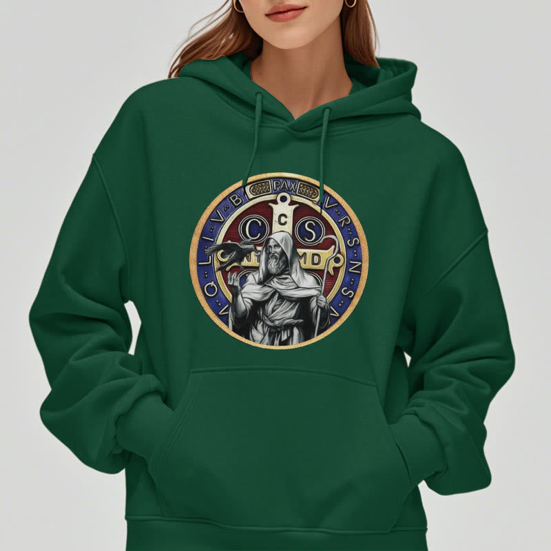 Christianartworkshop Klassischer farbiger Stil St. Benedikt Figur Emblem Fleece gefüttert Polyester Hoodie