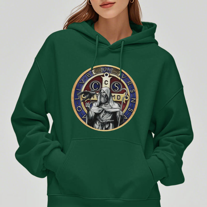 Christianartworkshop Klassischer farbiger Stil St. Benedikt Figur Emblem Fleece gefüttert Polyester Hoodie