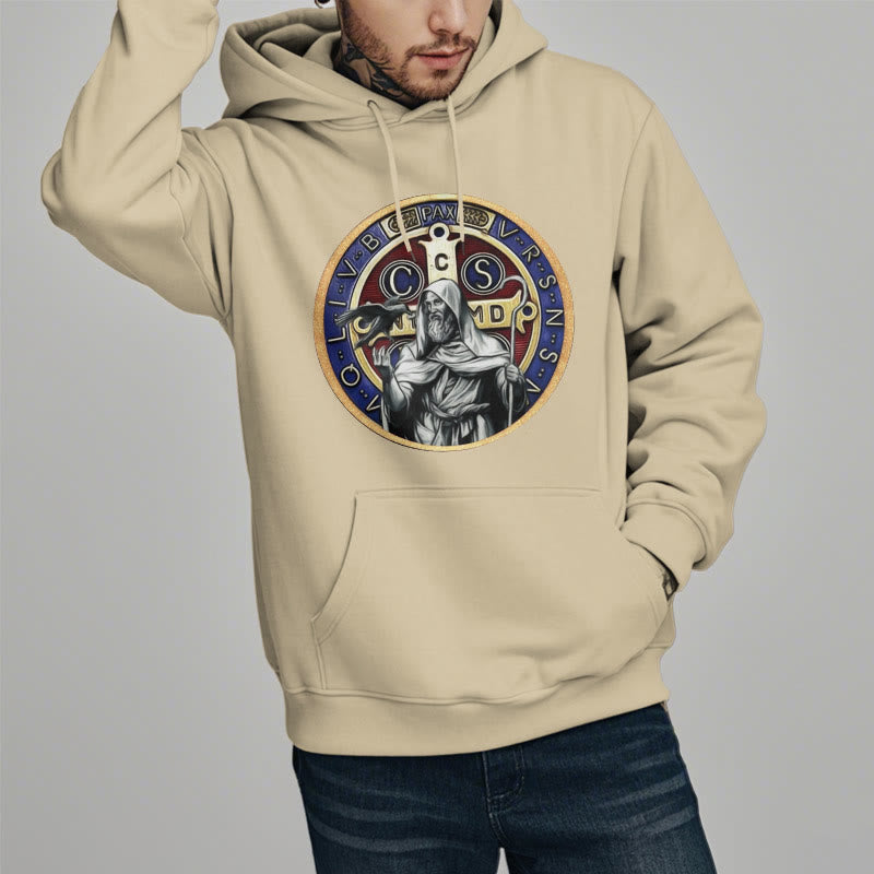Christianartworkshop Klassischer farbiger Stil St. Benedikt Figur Emblem Fleece gefüttert Polyester Hoodie