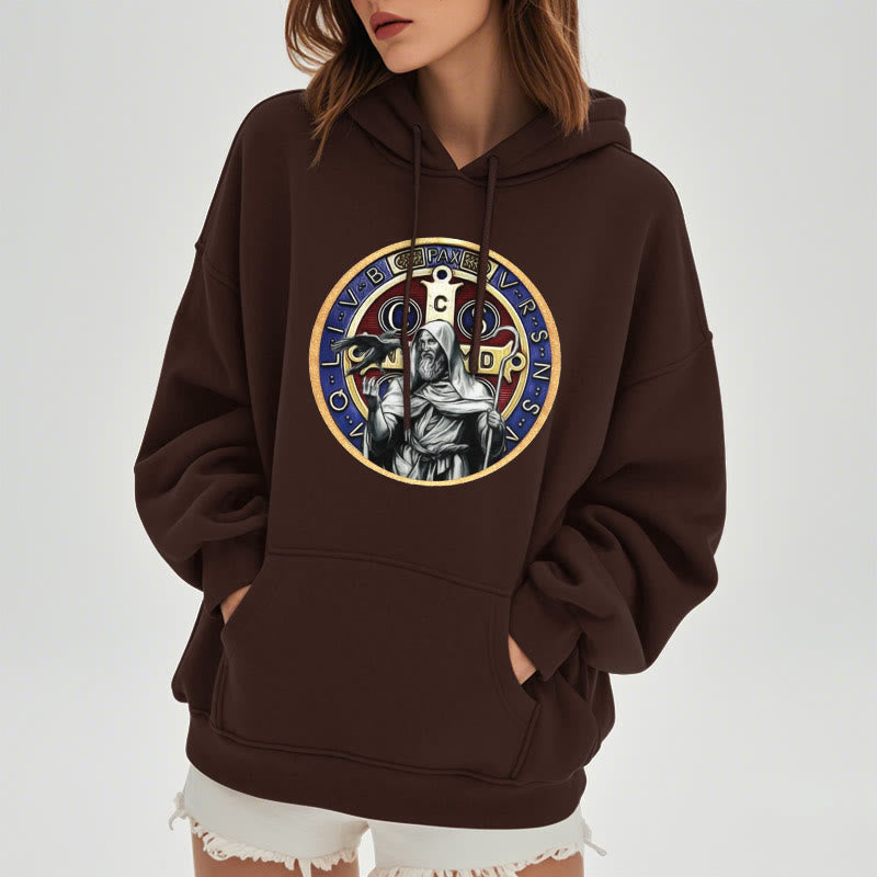 Christianartworkshop Klassischer farbiger Stil St. Benedikt Figur Emblem Fleece gefüttert Polyester Hoodie