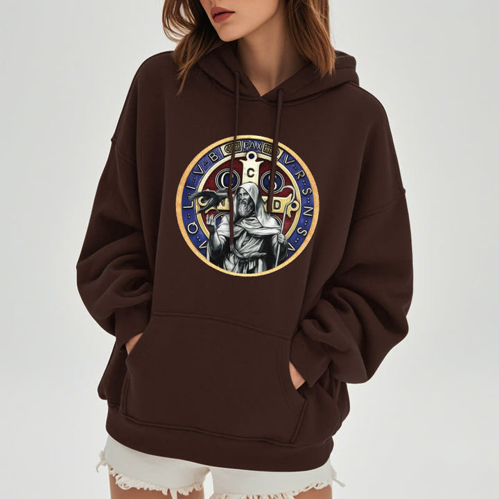 Christianartworkshop Klassischer farbiger Stil St. Benedikt Figur Emblem Fleece gefüttert Polyester Hoodie