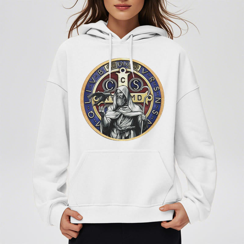Christianartworkshop Klassischer farbiger Stil St. Benedikt Figur Emblem Fleece gefüttert Polyester Hoodie