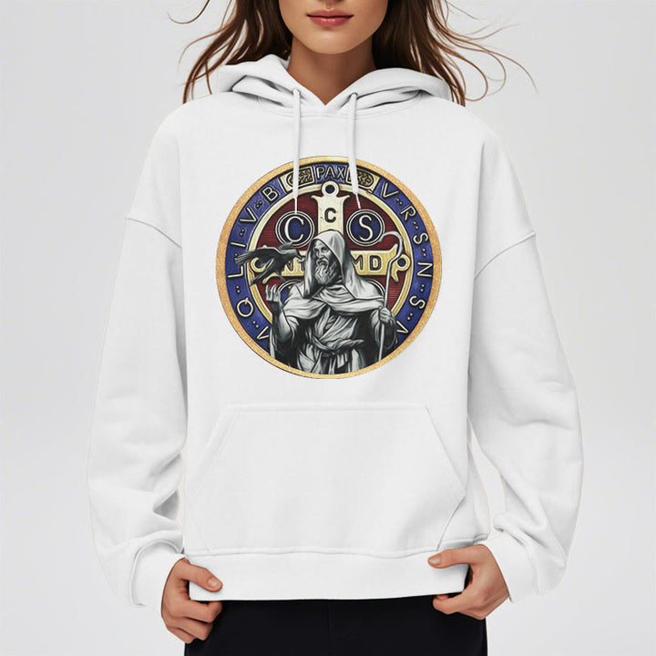 Christianartworkshop Klassischer farbiger Stil St. Benedikt Figur Emblem Fleece gefüttert Polyester Hoodie