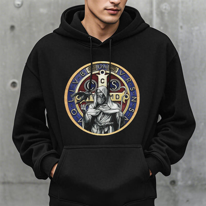 Christianartworkshop Klassischer farbiger Stil St. Benedikt Figur Emblem Fleece gefüttert Polyester Hoodie