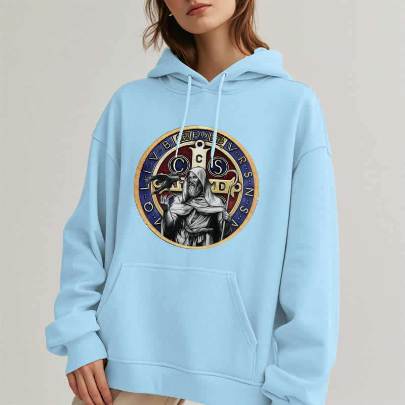 Christianartworkshop Klassischer farbiger Stil St. Benedikt Figur Emblem Fleece gefüttert Polyester Hoodie