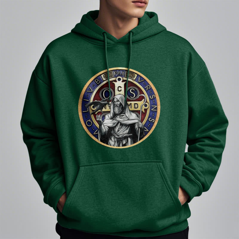 Christianartworkshop Klassischer farbiger Stil St. Benedikt Figur Emblem Fleece gefüttert Polyester Hoodie