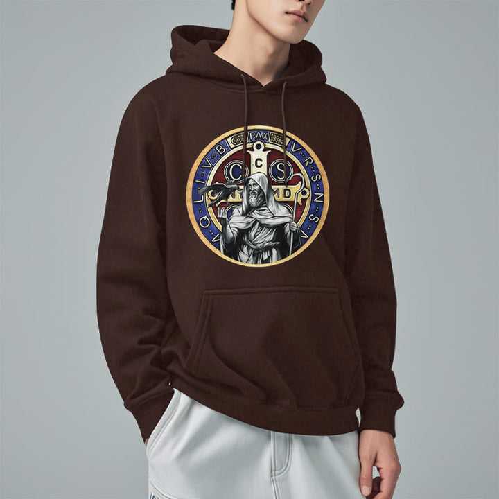 Christianartworkshop Klassischer farbiger Stil St. Benedikt Figur Emblem Fleece gefüttert Polyester Hoodie