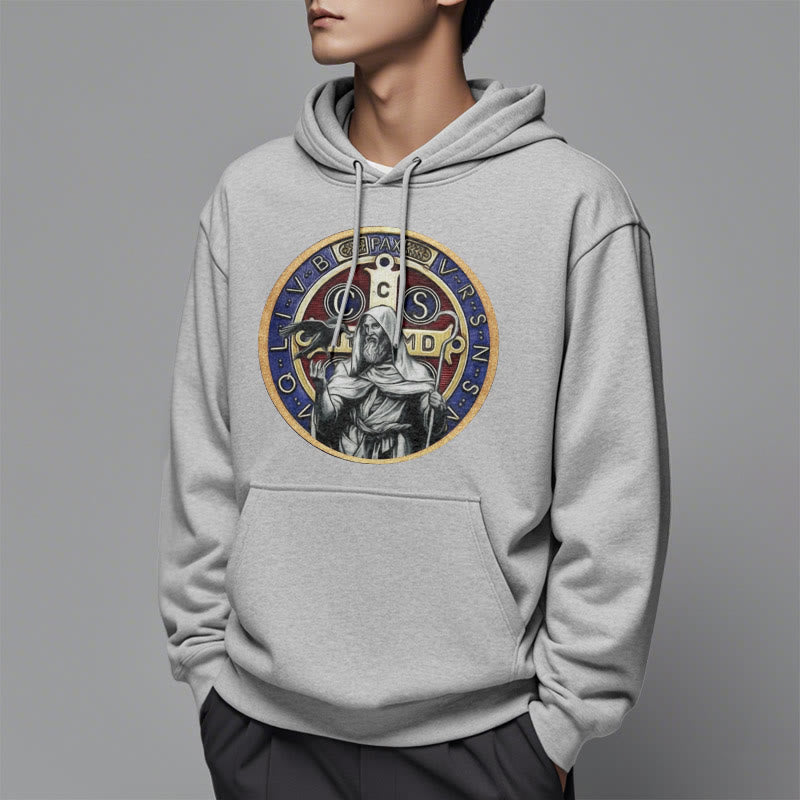 Christianartworkshop Klassischer farbiger Stil St. Benedikt Figur Emblem Fleece gefüttert Polyester Hoodie