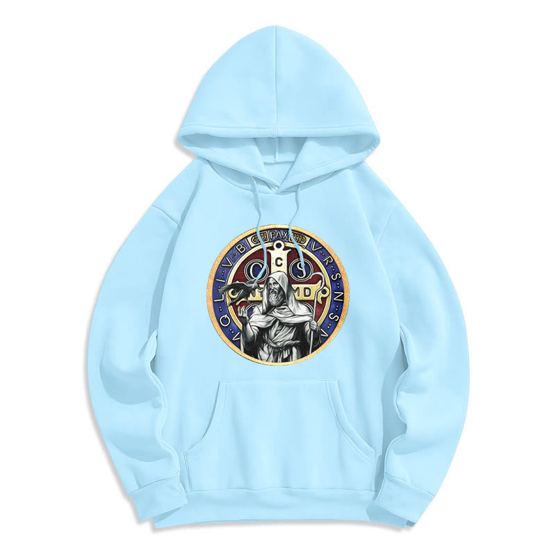 Christianartworkshop Klassischer farbiger Stil St. Benedikt Figur Emblem Fleece gefüttert Polyester Hoodie