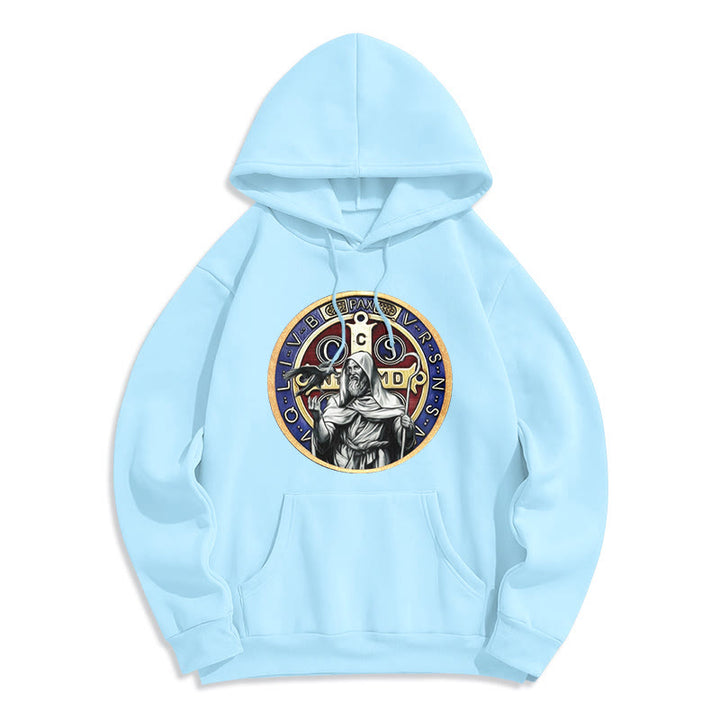 Christianartworkshop Klassischer farbiger Stil St. Benedikt Figur Emblem Fleece gefüttert Polyester Hoodie