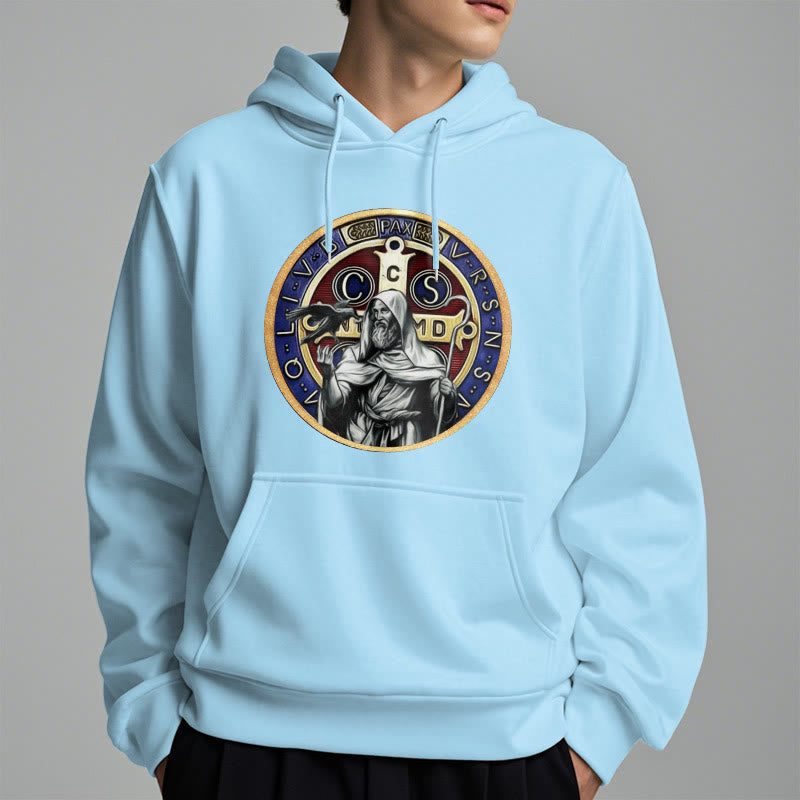 Christianartworkshop Klassischer farbiger Stil St. Benedikt Figur Emblem Fleece gefüttert Polyester Hoodie