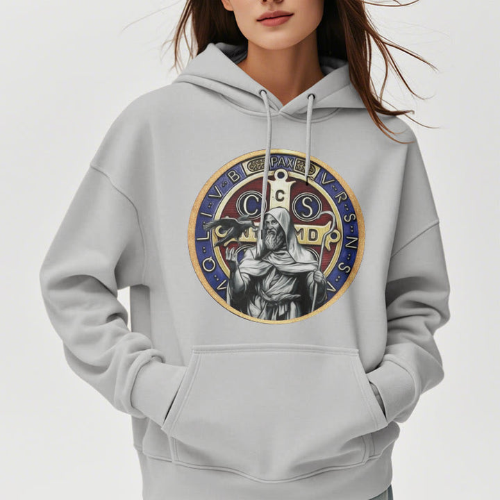 Christianartworkshop Klassischer farbiger Stil St. Benedikt Figur Emblem Fleece gefüttert Polyester Hoodie