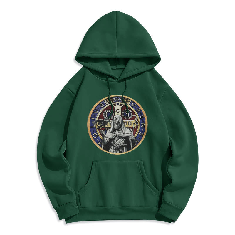 Christianartworkshop Klassischer farbiger Stil St. Benedikt Figur Emblem Fleece gefüttert Polyester Hoodie