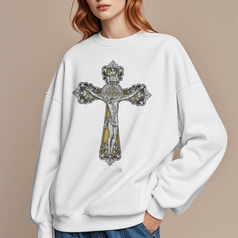 Christianartworkshop Klassisches Sweatshirt mit St. Benedikt-Kruzifix, Glaube, mit Fleece gefüttert, Polyester