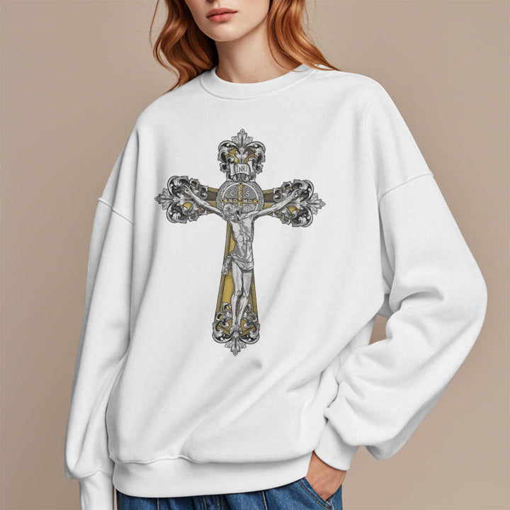 Christianartworkshop Klassisches Sweatshirt mit St. Benedikt-Kruzifix, Glaube, mit Fleece gefüttert, Polyester