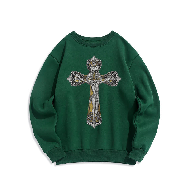 Christianartworkshop Klassisches Sweatshirt mit St. Benedikt-Kruzifix, Glaube, mit Fleece gefüttert, Polyester