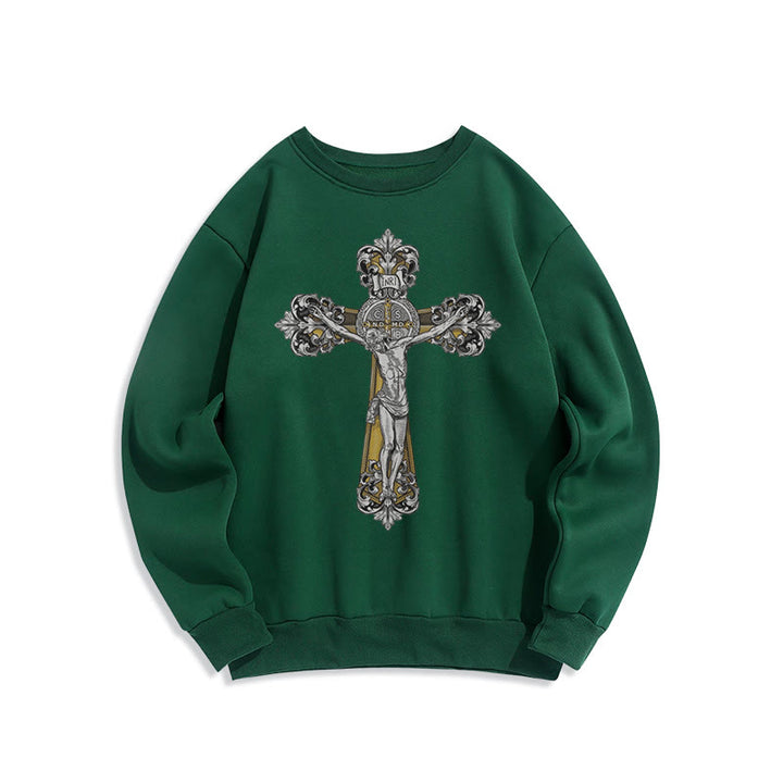 Christianartworkshop Klassisches Sweatshirt mit St. Benedikt-Kruzifix, Glaube, mit Fleece gefüttert, Polyester