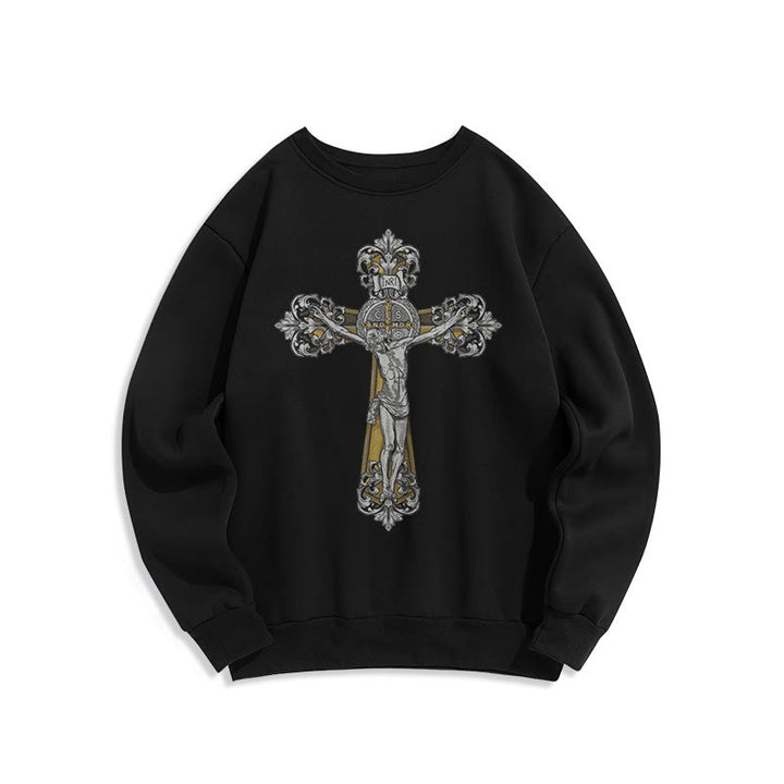 Christianartworkshop Klassisches Sweatshirt mit St. Benedikt-Kruzifix, Glaube, mit Fleece gefüttert, Polyester