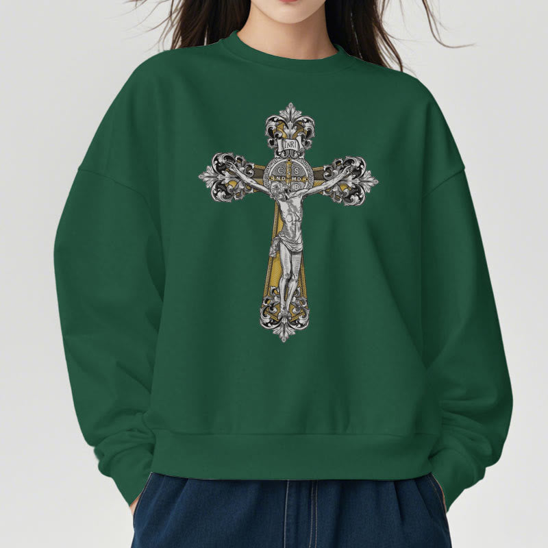 Christianartworkshop Klassisches Sweatshirt mit St. Benedikt-Kruzifix, Glaube, mit Fleece gefüttert, Polyester