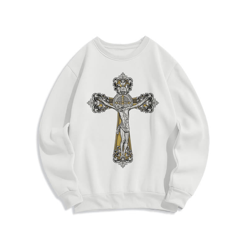 Christianartworkshop Klassisches Sweatshirt mit St. Benedikt-Kruzifix, Glaube, mit Fleece gefüttert, Polyester - Weiß - 2XL - image 5