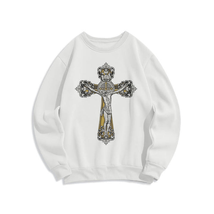 Christianartworkshop Klassisches Sweatshirt mit St. Benedikt-Kruzifix, Glaube, mit Fleece gefüttert, Polyester - Weiß - 2XL - image 5