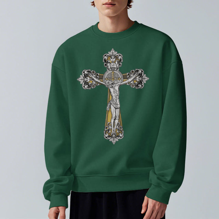 Christianartworkshop Klassisches Sweatshirt mit St. Benedikt-Kruzifix, Glaube, mit Fleece gefüttert, Polyester