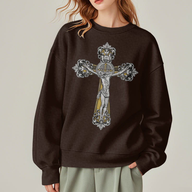 Christianartworkshop Klassisches Sweatshirt mit St. Benedikt-Kruzifix, Glaube, mit Fleece gefüttert, Polyester