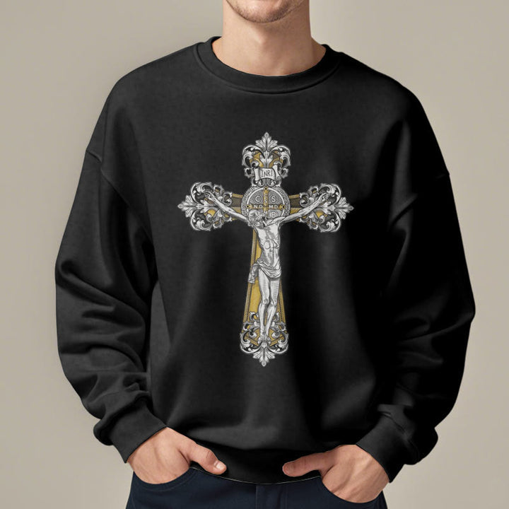 Christianartworkshop Klassisches Sweatshirt mit St. Benedikt-Kruzifix, Glaube, mit Fleece gefüttert, Polyester