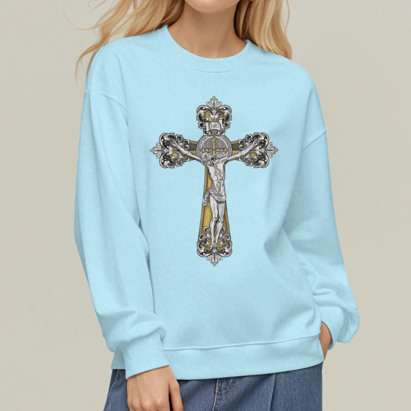 Christianartworkshop Klassisches Sweatshirt mit St. Benedikt-Kruzifix, Glaube, mit Fleece gefüttert, Polyester