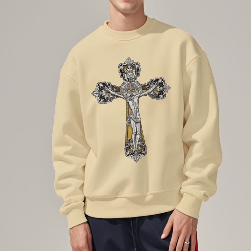 Christianartworkshop Klassisches Sweatshirt mit St. Benedikt-Kruzifix, Glaube, mit Fleece gefüttert, Polyester